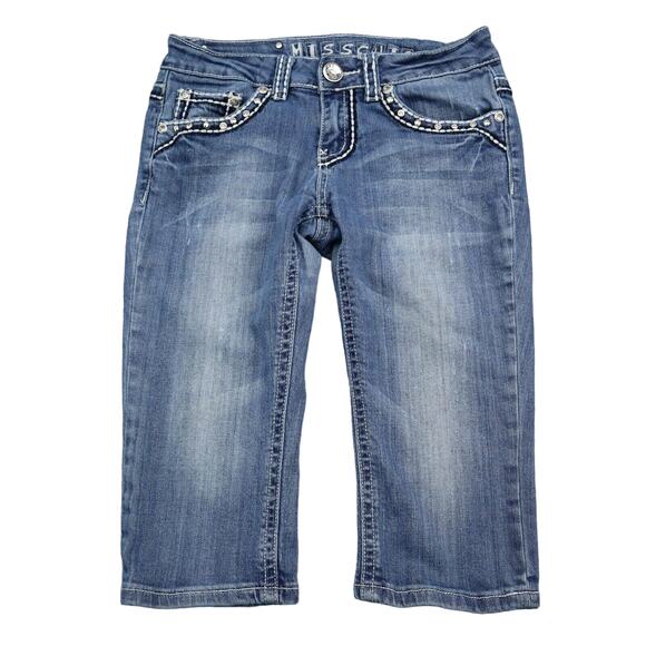 Miss Chic Pants Womens 3 Blue Capri Low Rise Rhinestone Pocket Zip Denim Jeans - Picture 1 of 16